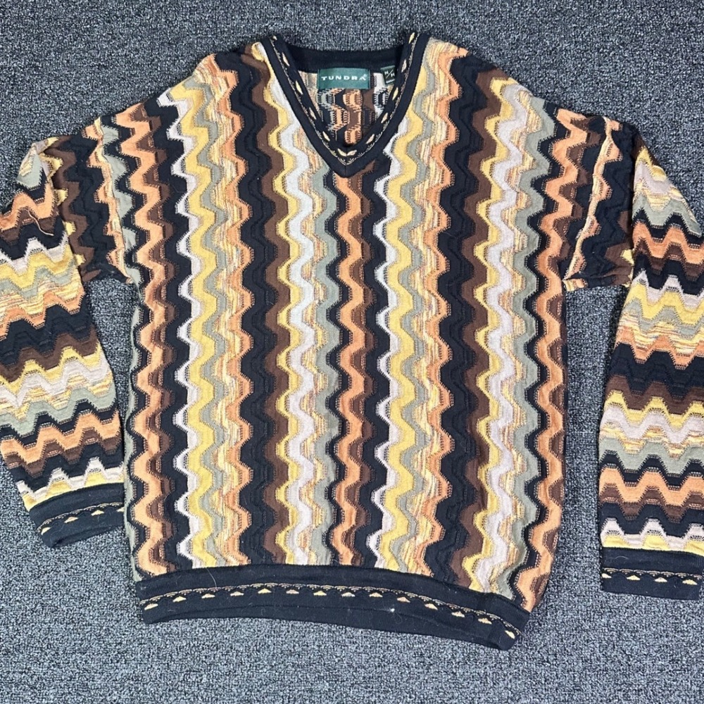 Tundra‎ Canada Vintage 3D Knit Sweater Mens M Brown Zig Zag Coogi Style V-Neck